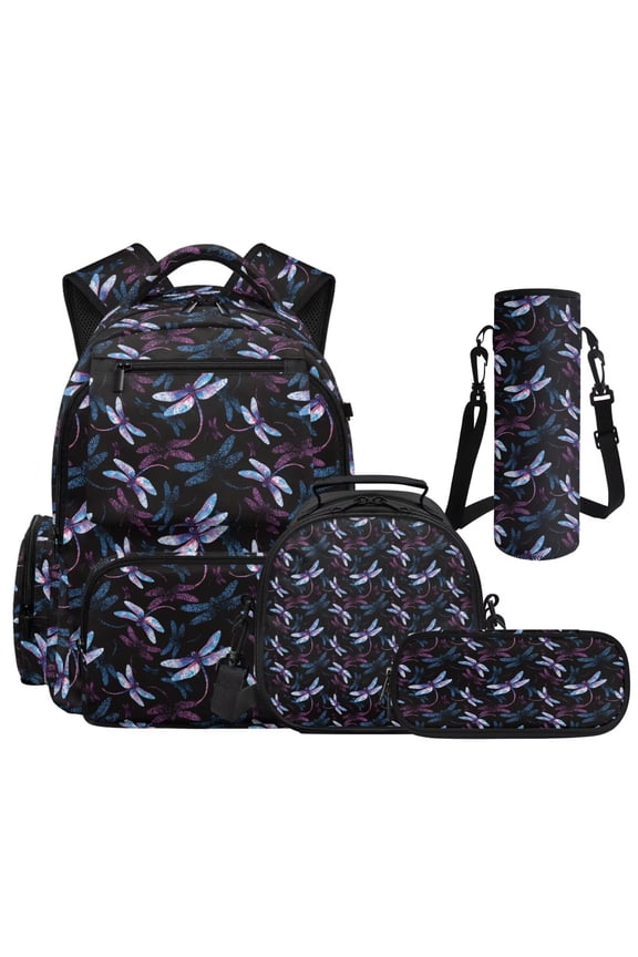 Dragonfly Print Bookbag & Lunch Box, 4Pcs Kid Backpack Set for Elementary Girls, Lightweight School Bag with Pencil Pouch Water Bottle Sleeve Back to School Gifts