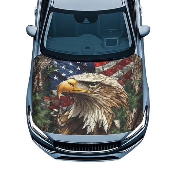 KUIFORTI Eagle Car Hood Cover American Flag Car Front Hood Cover Protector Camo Car Accessories for Women Polyester Elastic Fabrics Can be Washed