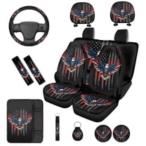 KUIFORTI Eagle Flag Automobile Seat Covers Set of 14 with Auto Center Console Armrest Pad Car Steering Wheel Cover Auto Seat Belt Cover Car Headrest Covers for Most Cars