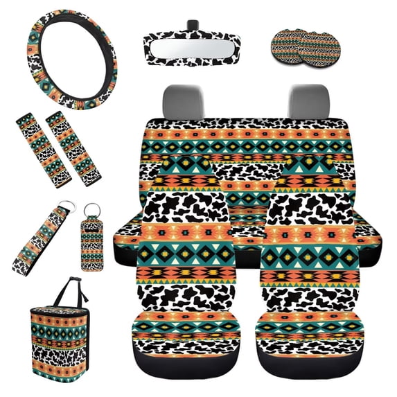 KUIFORTI Ethnic Style Pattern Car Seat Covers Full Set 13 Piece Seat Covers Steering Wheel Cover Seatbelt Cover Keychain Lipstick Portable Sleeve Car Cup Coasters Car Trash Can Rear View Mirror Cover