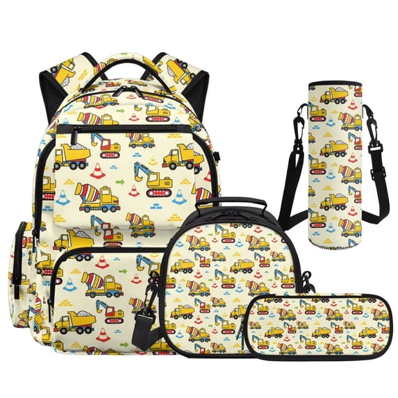 KUIFORTI Excavator Print 4Pcs Elementary Boys Backpack Set, Cool Kids School Bag with Lunch Box for Back to School, Bookbag with Pencil Pouch Water Bottle Sleeve