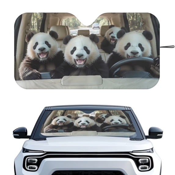 KUIFORTI Extra Large Windshield Sun Shade Foldable Car Front Window Sunshade for Most Cars SUV Truck Heat Blocker Visor Protector Blocks Max UV Rays and Keeps Your Vehicle Cool, Cute Pandas