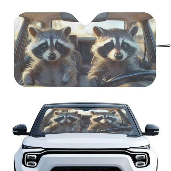 KUIFORTI Extra Large Windshield Sun Shade Funny Raccoon Car Window Shades Front Windshield Foldable Automotive Window Sunshades, Overlapping Design