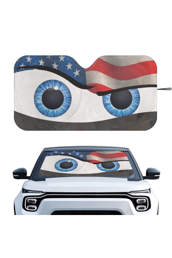 Eyes Windshield Sun Shade Funny American Flag Sun Shield UV Rays Sun Visor Shade, Reusable Auto Front Windshield Sunshade,Keeps Vehicle Cool - 66.53 x 34.44 inches