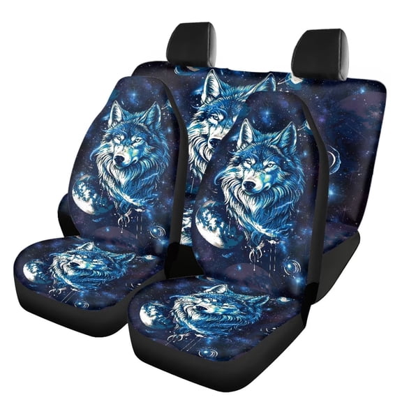 KUIFORTI Fashion Wolf Auto Seat Covers Full Set 4 Pack Vehicle Seat Protector Front and Rear Split Bench for Cars Easy to Install Accessories Auto Trucks Van SUV