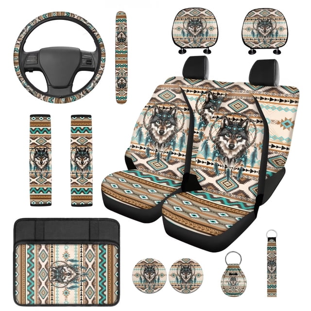 KUIFORTI Fashion Wolf Auto Seat Covers Set 14 Pcs with Auto Center Console Armrest Pad Steering Wheel Cover Car Seat Belt Pad Cover Car Headrest Covers for Cars SUV Sedans