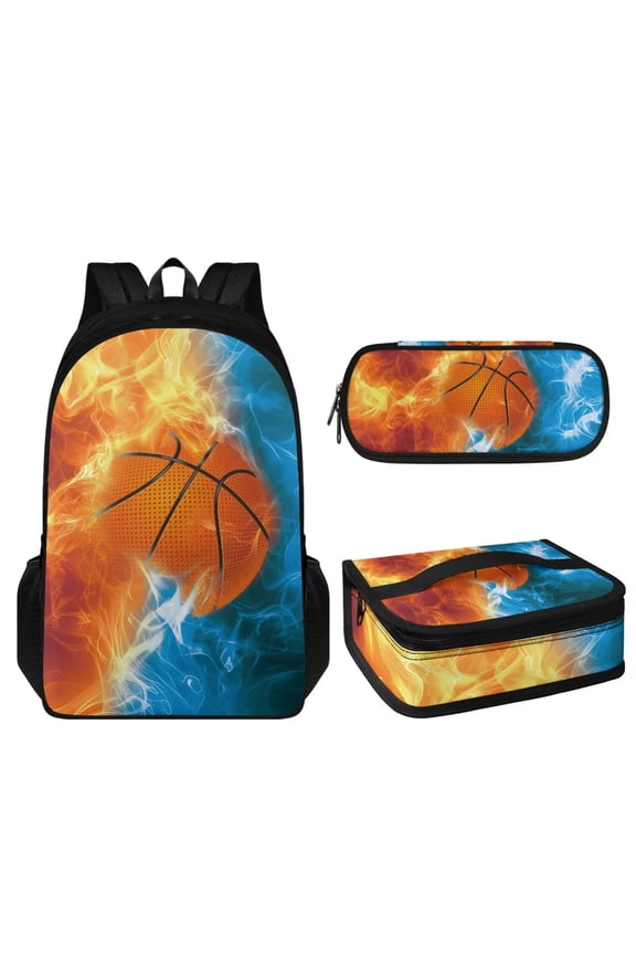 Fire Basketball Print Lunch Pouch Ice Packs Large Capacity Lunch Bag School Backpack Tote Bag Satchel Food Container