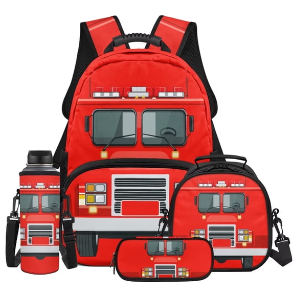 KUIFORTI Fire Engine Fashion Backpack with Lunchbox Boys School Bag Pencil Pouch Kid Backpack Set of 4 for Elementary Primary Middle School Back to School Essentials Gifts