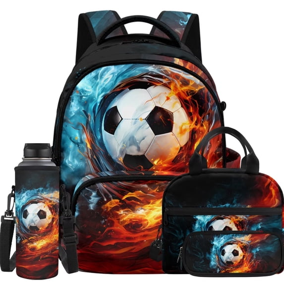 KUIFORTI Fire Football Lightweight Backpack and Lunch Box Kid Backpack Set 4Pcs Boys School Bag Pencil Bags Water Bottle Sleeve for Elementary Primary Middle School Back to School