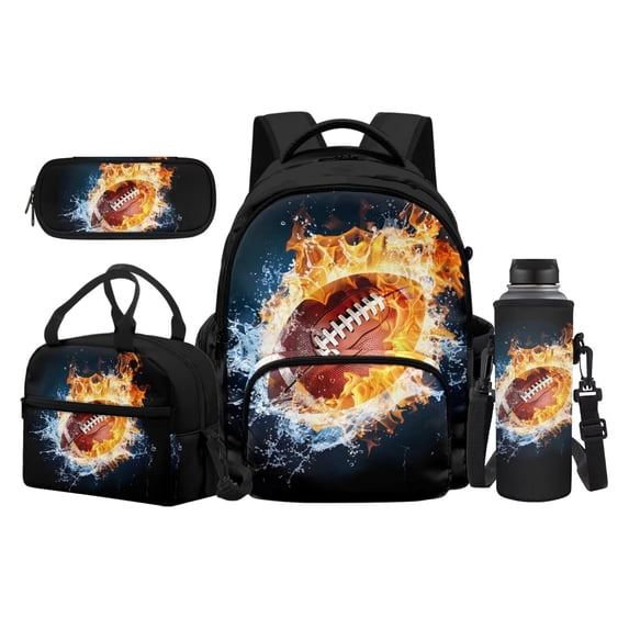 KUIFORTI Fire Rugby Backpack and Lunch Box for Elementary Primary Middle School Daily Use Set of 4 Fashion with Pencil Bags Lunch Bag Boys School Backpack
