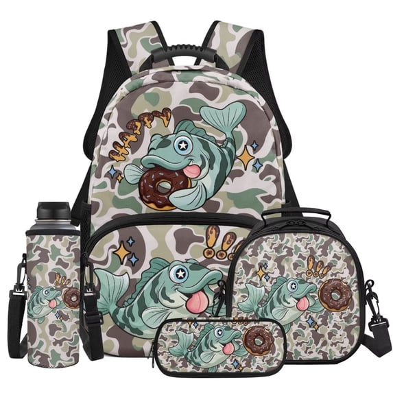 KUIFORTI Fish Camo Bookbag with Lunch Box Kid Backpack Set 4Pcs Boys School Bag Pencil Pouch Water Bottle Sleeve Suitable for Elementary Primary Middle School Back to School Supplies