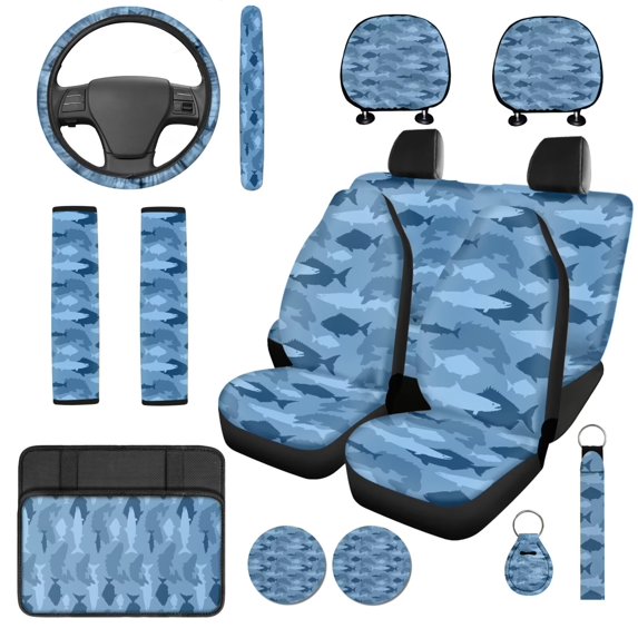 KUIFORTI Fish Camo Car Seat Cover Set Easy Installation Set 14 Pcs Automotive Front Seat & Bench Back Seat Cover Comfortable Breathable Universal Fit Cars SUV Trucks