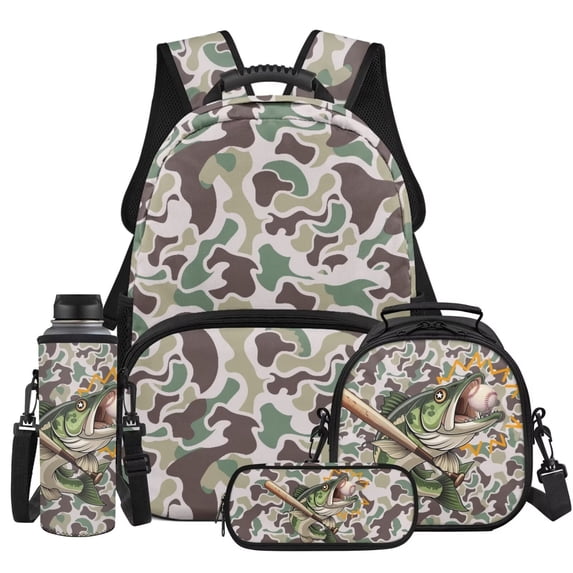 KUIFORTI Fish Camouflage Bookbag and Lunch Box Kid Backpack Set 4Pcs Boys Girls School Bag Pencil Sleeve Suitable for Elementary Primary Middle School Back to School Supplies