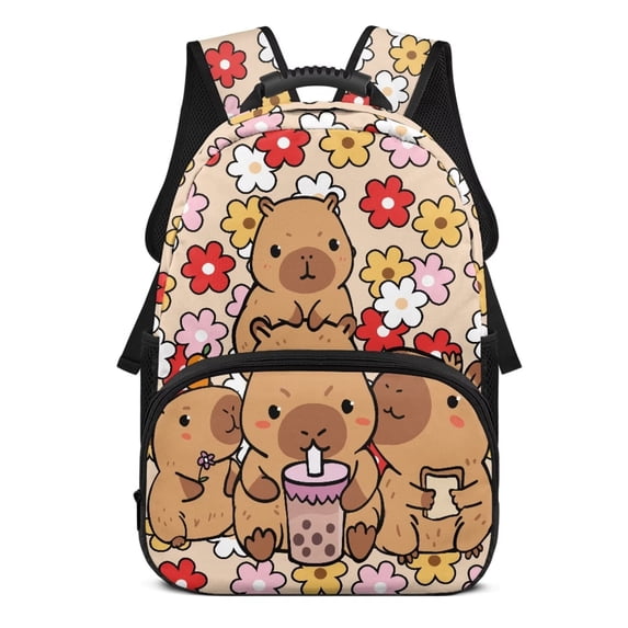 KUIFORTI Floral Boba Capybara Children'S Backpack Polyester Kids Bookbag with Adjustable Straps for Elementary Primary Middle Back to School Gifts for Students