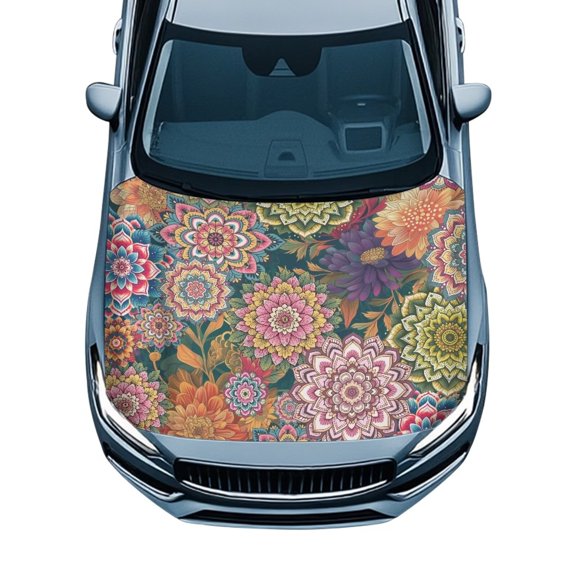 KUIFORTI Floral Mandala Car Hood Cover Can be Washed Hood Wrap Protector Easy Installation Durable Automotive Accessory Fits Most Sedans SUVs Trucks Pickups