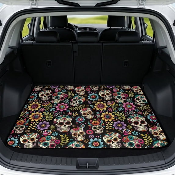 KUIFORTI Floral Skull Universal Car Trunk Mat Polyester Trunk Protective Mat Practical Auto Interior Accessories Easy to Clean Fits Most Sedan & SUV Car Cargo Liner