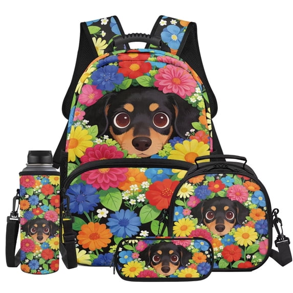 KUIFORTI Flower Dog 4Pcs Kids School Bag Set with Lunch Box Pencil Pouch Water Bottle Sleeve Lightweight Boys Girls Backpack for Elementary Primary Middle School Back to School Essentials Gifts