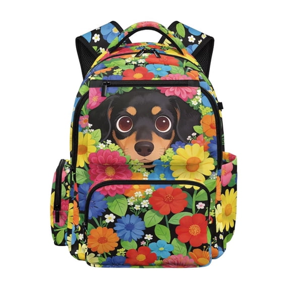 KUIFORTI Flower Dog Girls Backpack Kids School Bag Cute Bookbag Comfortable with Adjustable Straps Multiple Storage Pockets for Elementary Middle