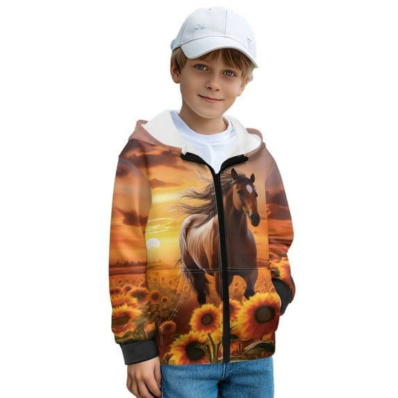 KUIFORTI Flower and Horse Boys Oversized Hoodie Sweatshirt 14-16 Years Fleece-Lined Cozy Full Zip Hoodie With Front Pockets Elastic Fabrics Fall Winter Outwear for Daily Life