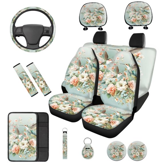 KUIFORTI Flower Hummingbird Auto Seat Covers Set of 14 with Headrest Covers for Cars Auto Center Console Pad Car Steering Wheel Cover Seat Belt Pads Fit for Cars Sedan SUV