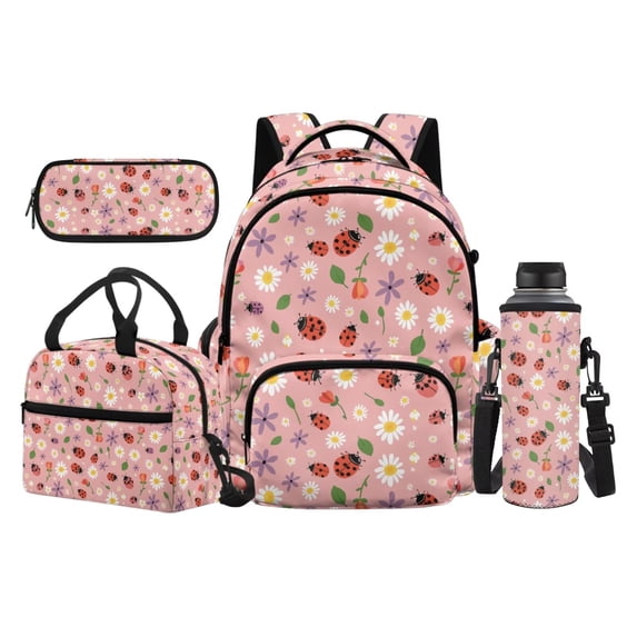 KUIFORTI Flower Ladybug School Bag and Lunch Bag Set of 4 Fashion Girls Backpack with Pencil Case Water Bottle Sleeve for Teens Elementary Middle School Daily Use