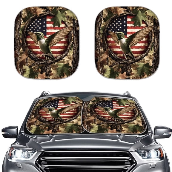 KUIFORTI Foldable Car Sun Shade Windshield Funny Hummingbird Camo American Flag Sun Visor for Car Windshield,Universal Windshield Sun Shade for SUV Trucks Sedan, Stylish Car Accessories