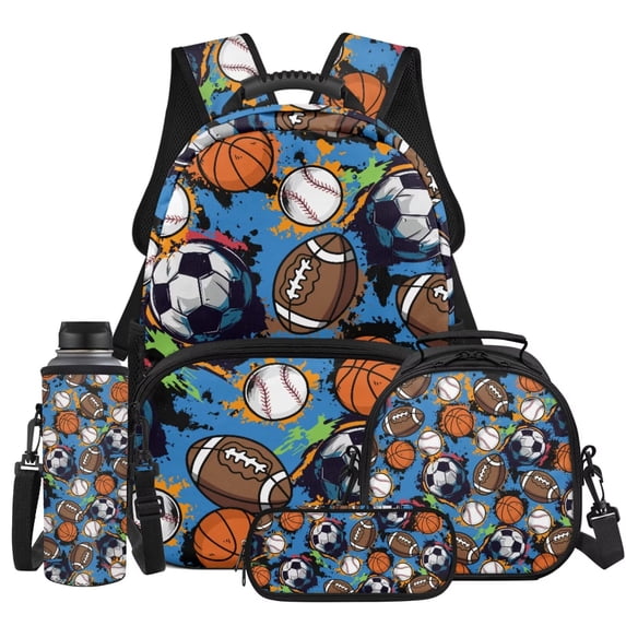 KUIFORTI Football Basketball 4PCS Kids Backpack and Lunch Box Set with Pencil Pouch Water Bottle Sleeve Lightweight Boys Girls School Bag for Elementary Middle School Back to School Supplies Gifts