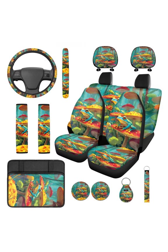 Frog Mushroom 14 Pcs Car Seat Covers Auto Center Console Armrest Pad Auto Seat Belt Cover Steering Wheel Cover Car Interior Automotive Fits Most Cars, Sedans, SUVs