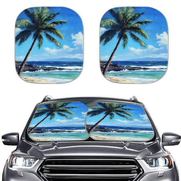 KUIFORTI Front Windshield Sun Shade, 2 Pack Palm Tree Car Window Covers Foldable Sun Visor Protector Blocks UV Rays Sunshade Shield, Easy to Install