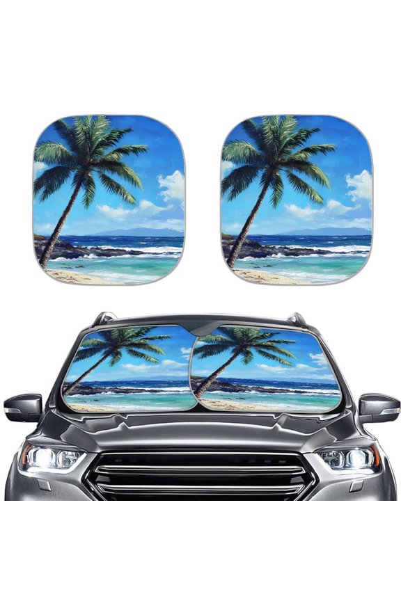 Front Windshield Sun Shade, 2 Pack Palm Tree Car Window Covers Foldable Sun Visor Protector Blocks UV Rays Sunshade Shield, Easy to Install