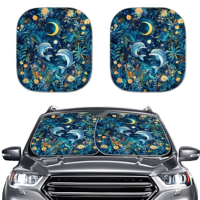 KUIFORTI Front Windshield Sun Shade, Flowers Dolphin Car Front Window Shades Foldable Sunshades Portable Sun Visor for Car Sedans SUV Truck, Protect Your Vehicle from UV Heat