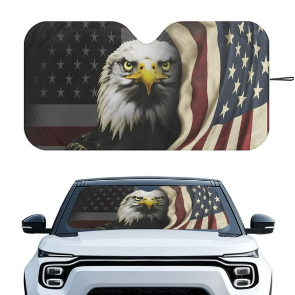 KUIFORTI Front Windshield Sun Shade Large Sunshade, 66.53"×34.44" Front Window Cover Sun Visor Protector Accessories for Truck SUV Sedan Hatchback Van, Eagle USA Flag