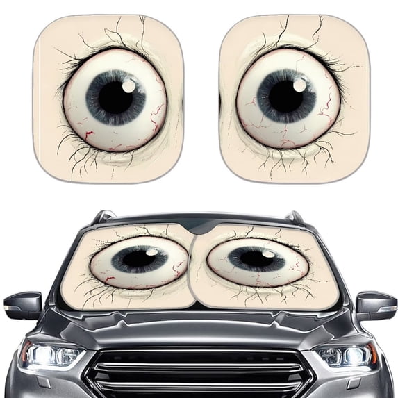 KUIFORTI Front Windshield Sunshade Funny Eyes Car Sun Shade, Reflective Polyester Blocks Heat and Sun, 2 Pack Foldable Sun Shield That Keeps Your Vehicle Cool
