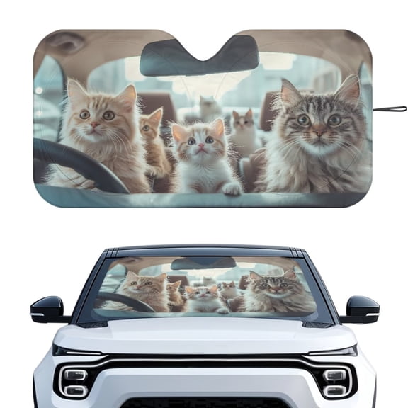 KUIFORTI Funny Cat Car Windshield Sunshade Foldable Car Windshield Sun Shade Cover, 66.53" x 34.44" Front Window Heat Insulation Protection, for Auto Sedan, SUV Accessories