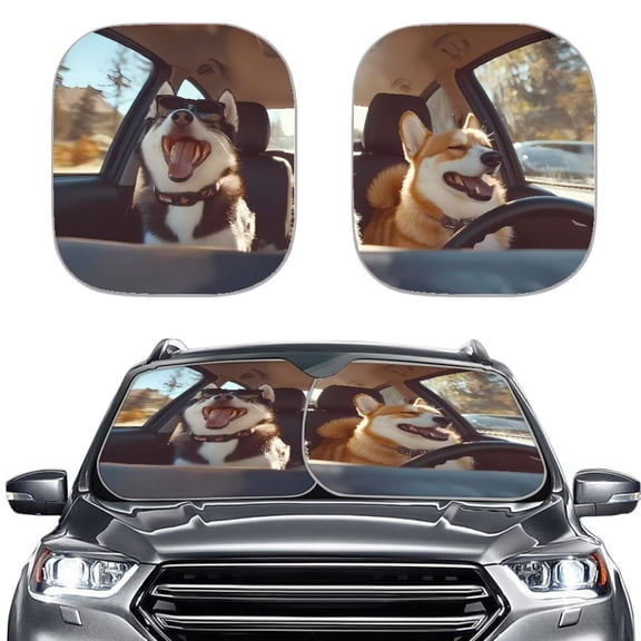KUIFORTI Funny Corgi Car Windshield Sun Shade Foldable 2 Piece Car Shade Front Windshield Cover, Automotive Interior Sun Protection