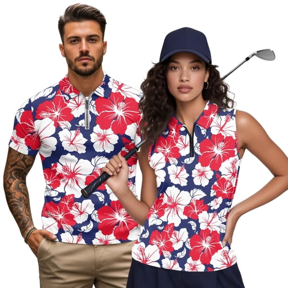 KUIFORTI Funny Couple Golf Shirts Couple Golf Matching Outfits Red Hibiscus Flower Quarter Zip Mens Hawaiian Shirt Suitable for Outdoor Sports Breathable Fabric Quick Dry