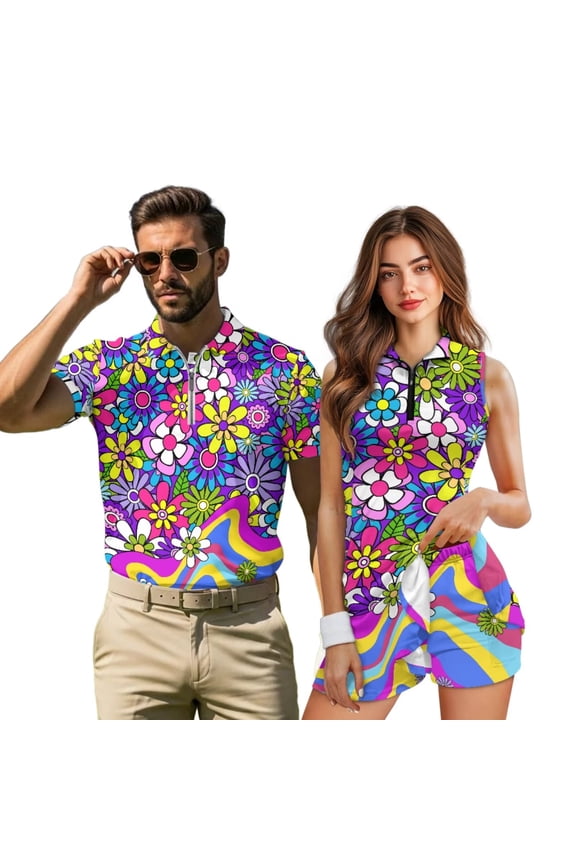 Funny Couple Matching Golf Tennis Outfits Hippie Floral Quarter Zip Stand Collar Quick Dry Moisture Wicking His and Hers Gifts for Summer Casual Outdoor Sports