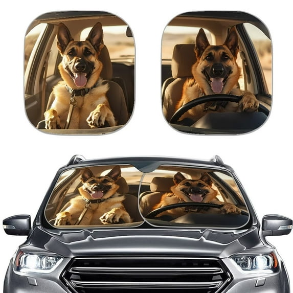 KUIFORTI Funny Dog Windshield Sun Shade 2-Pack - 25.5"x28.5" Universal Car Sun Shade with Heatproof Silver Coating, Blocks 99% UV & Folds to Pocket Size