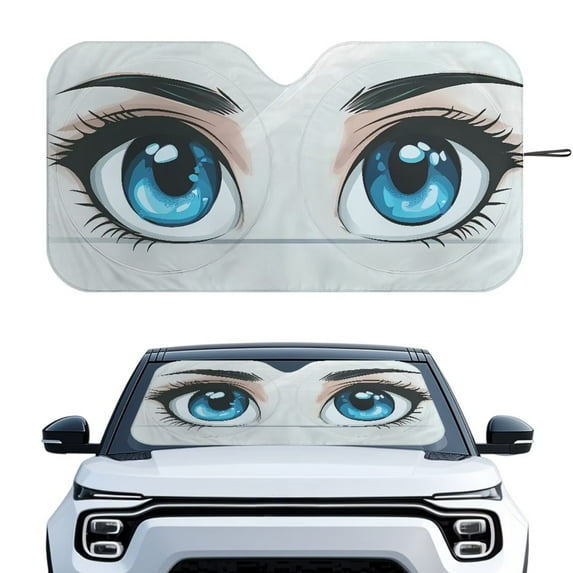 KUIFORTI Funny Eyes Windshield Sun Shade Large Car Window Shades for Front Window, 66.53" x 34.44" Overlapping Design Automotive Window Sunshades for SUV, Truck, Sedan