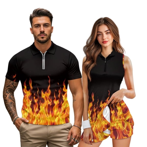 KUIFORTI Funny Flame Print Matching Couple Golf Outfits, His Quarter Zip Short Sleeve Shirt Hers Tennis Dress Set, Quick Dry Breathable His and Hers Gifts for Summer Sports Casual Wear
