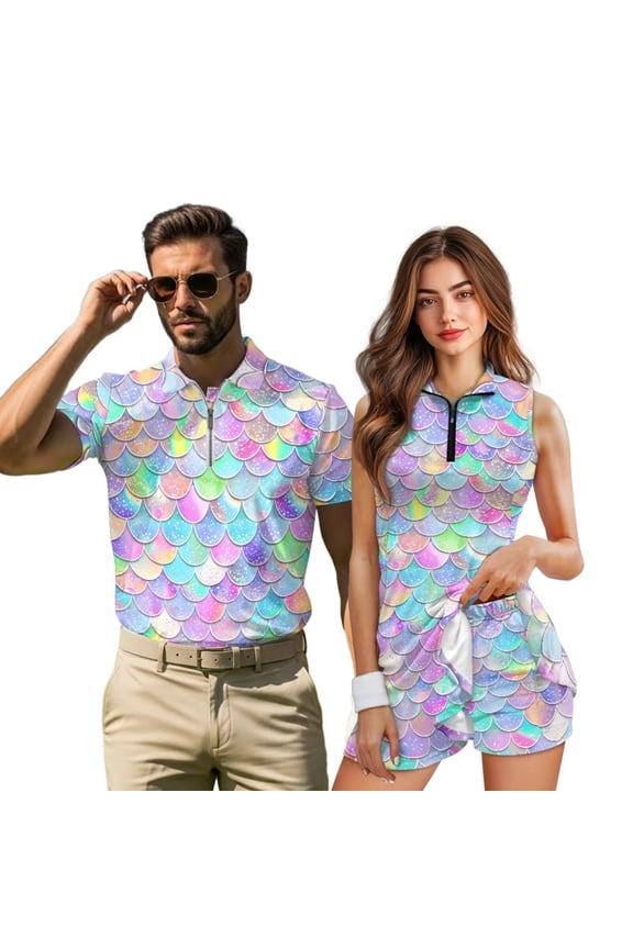 Funny Matching Couple Golf Outfits, Mermaid Scale Print His & Hers Golf Tennis Shirts, Moisture Wicking Quarter Zip Lapel Wear for Summer Vacation Casual Sports