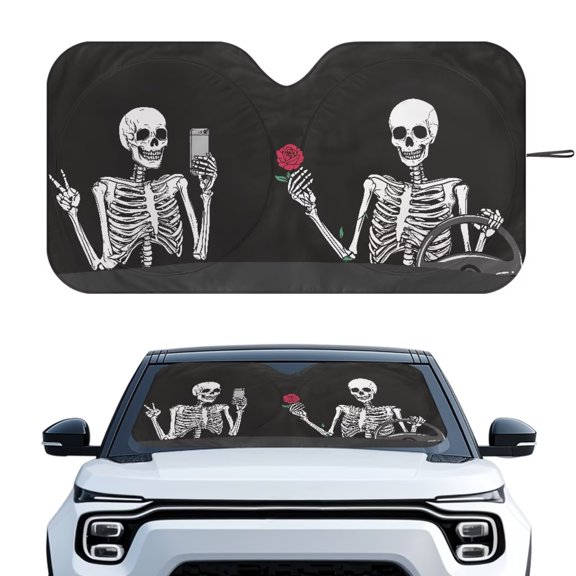 KUIFORTI Funny Skeleton Windshield Sun Shade Foldable Truck Accessories, Extra Large Car Window Screensfor Camping, Traveling, Beach, Reflective Fabric Blocks UV Rays and Sun