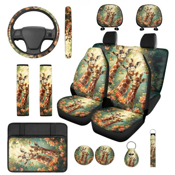 KUIFORTI Giraffe 14 Pcs Automobile Seat Covers Car Headrest Protectors Steering Wheel Cover Auto Center Console Pad Removable Automotive Accessories for Cars SUV Sedans