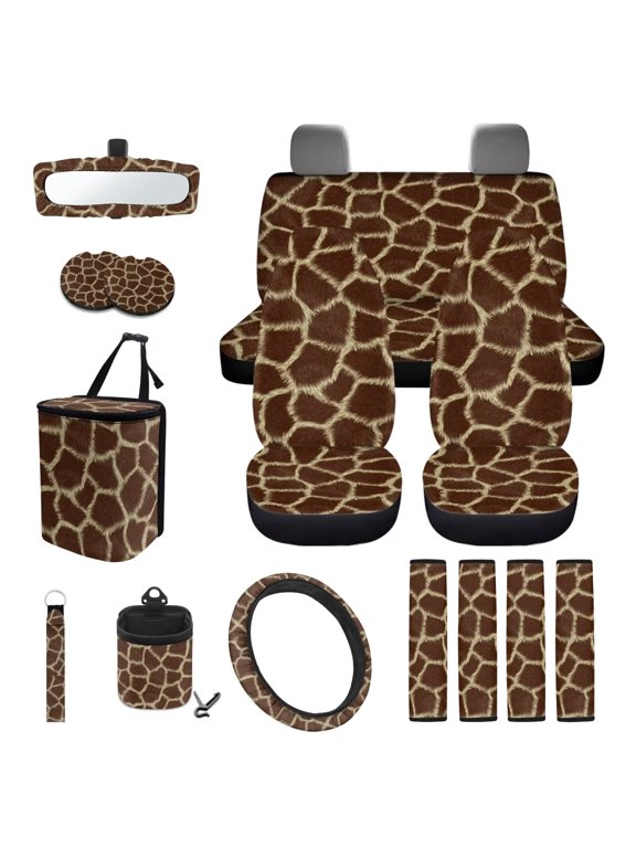 Giraffe print Car Seat Cover Set Comfortable Set 15 Pcs Automotive Rear Front Seat Protector Easy to Install Elastic Fabrics Fit Most Cars, Truck, Suv, or Van