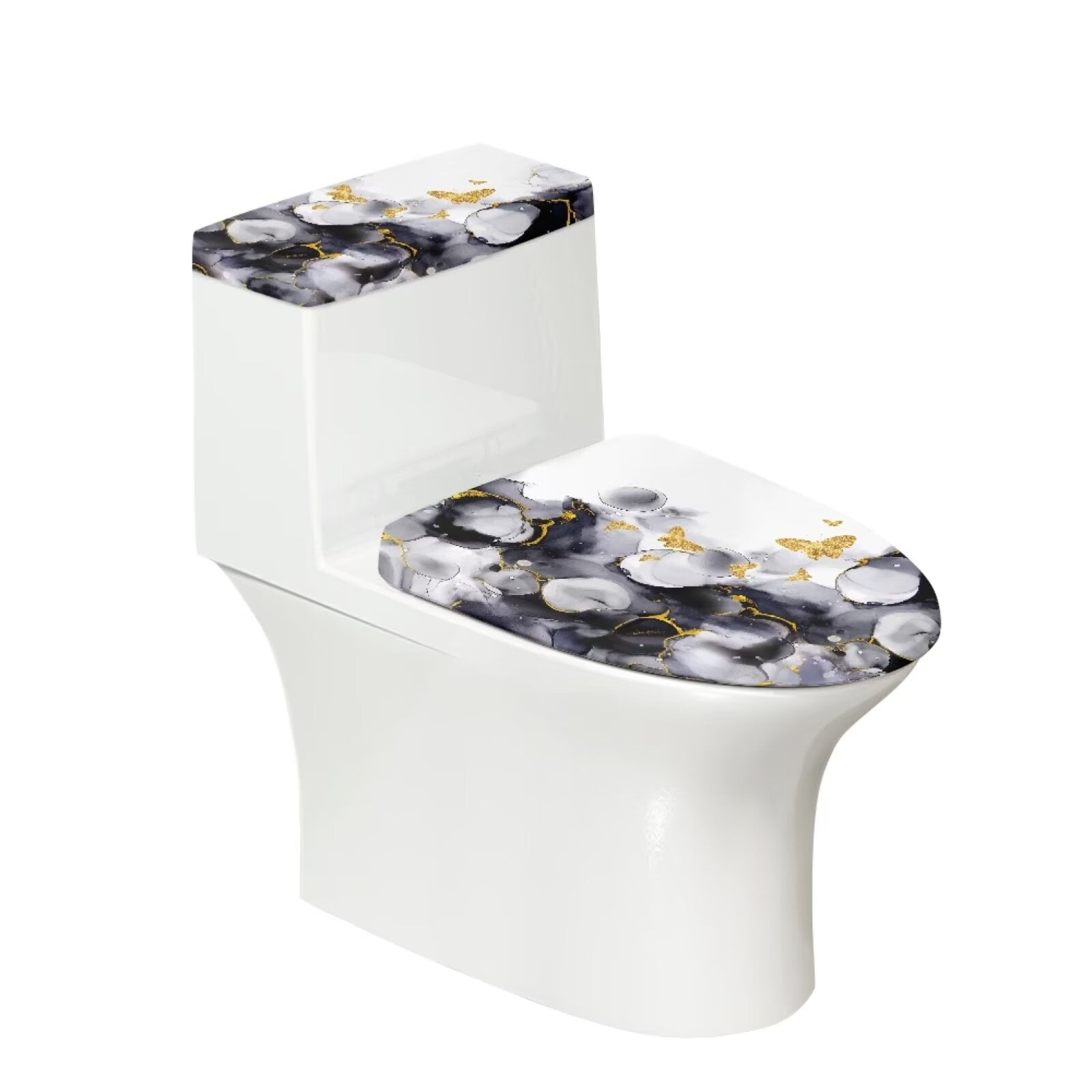 KUIFORTI Gold Butterfly Toilet Seat Cover Black Tie Dye Toilet Cover Set of 2 Pcs Toilet Tank