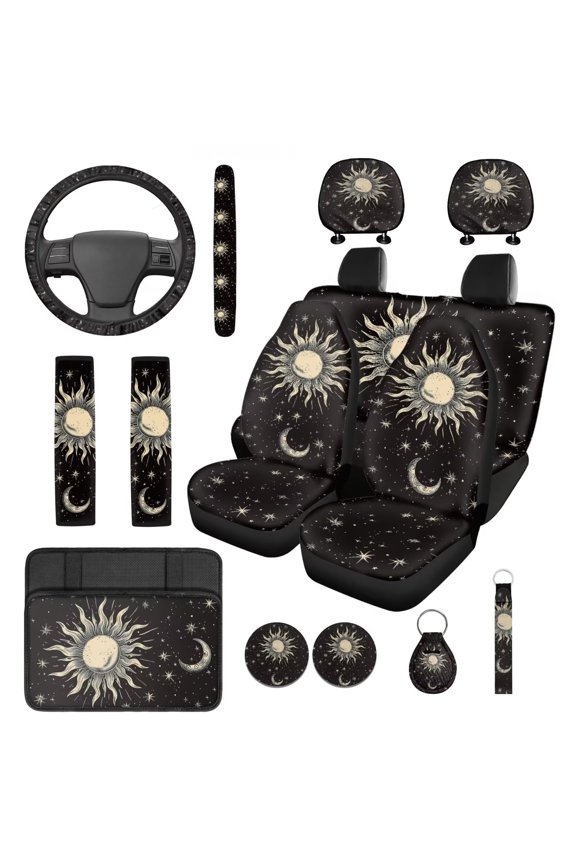 Gothic Moon 14 Pcs Car Seat Covers Full Set Car Headrest Covers Steering Wheel Cover Seat Belt Pads Auto Decorations Accessories Suitable for Most Cars,SUV,Sedan