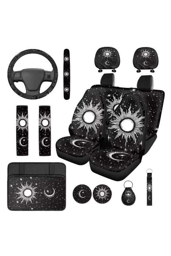 Gothic Sun Auto Seat Covers Full Set 14 Pcs with Auto Center Console Pad Car Steering Wheel Cover Car Headrest Covers Auto Seat Belt Cover for Cars SUV Sedans