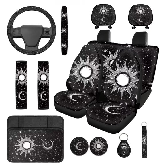 KUIFORTI Gothic Sun Auto Seat Covers Full Set 14 Pcs with Auto Center Console Pad Car Steering Wheel Cover Car Headrest Covers Auto Seat Belt Cover for Cars SUV Sedans