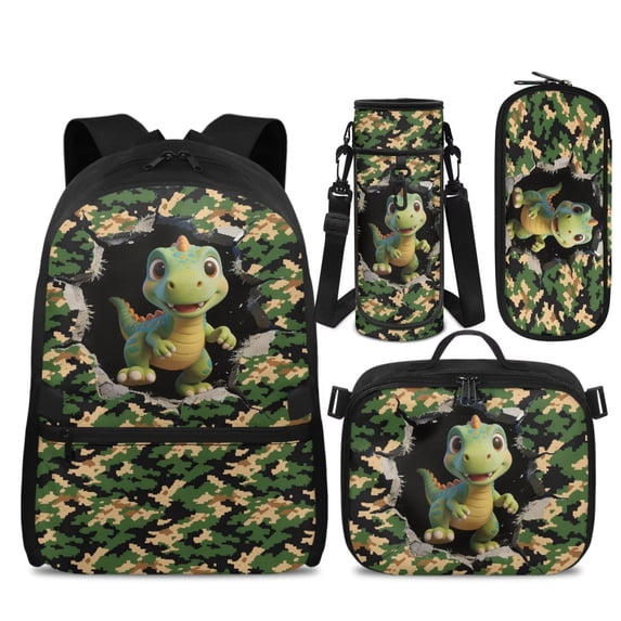 KUIFORTI Green Dinosaur Backpack with Lunch Box 4Pcs Kids Bookbag Set, Cool School Bag with Pencil Case Water Bottle Sleeve for Boys Elementary Primary Middle School Students