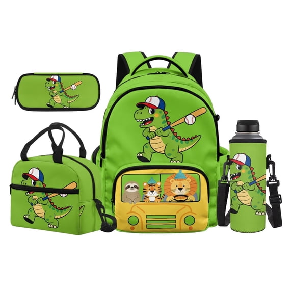 KUIFORTI Green Dinosaur Backpack and Lunch Box Set 4Pcs with Pencil Pouch Water Bottle Sleeve for Boys Elementary Primary Middle School Students